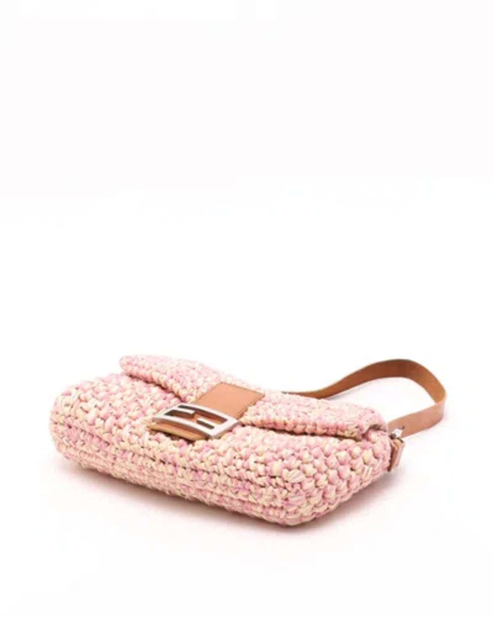 Fendi Pink Crochet Raffia Baguette Silver Hardware Leather Trim Authentic - Picture 5 of 10